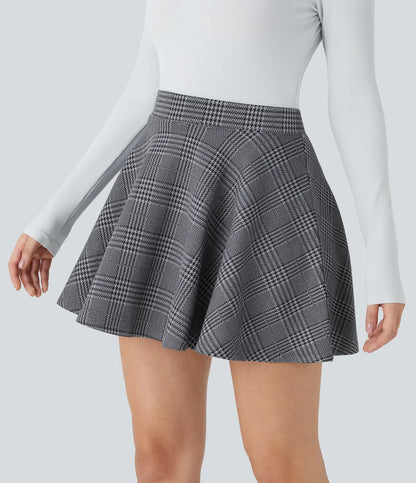 High Waisted 2-in-1 Houndstooth Plaid Flare Mini Casual Skirt