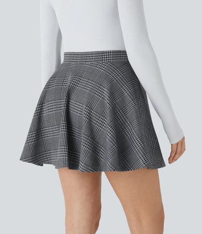 High Waisted 2-in-1 Houndstooth Plaid Flare Mini Casual Skirt