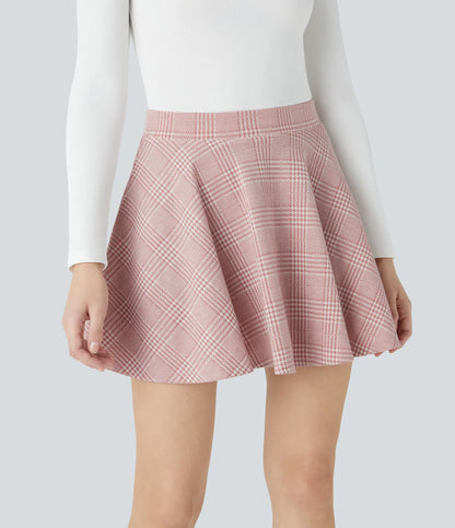 High Waisted 2-in-1 Houndstooth Plaid Flare Mini Casual Skirt