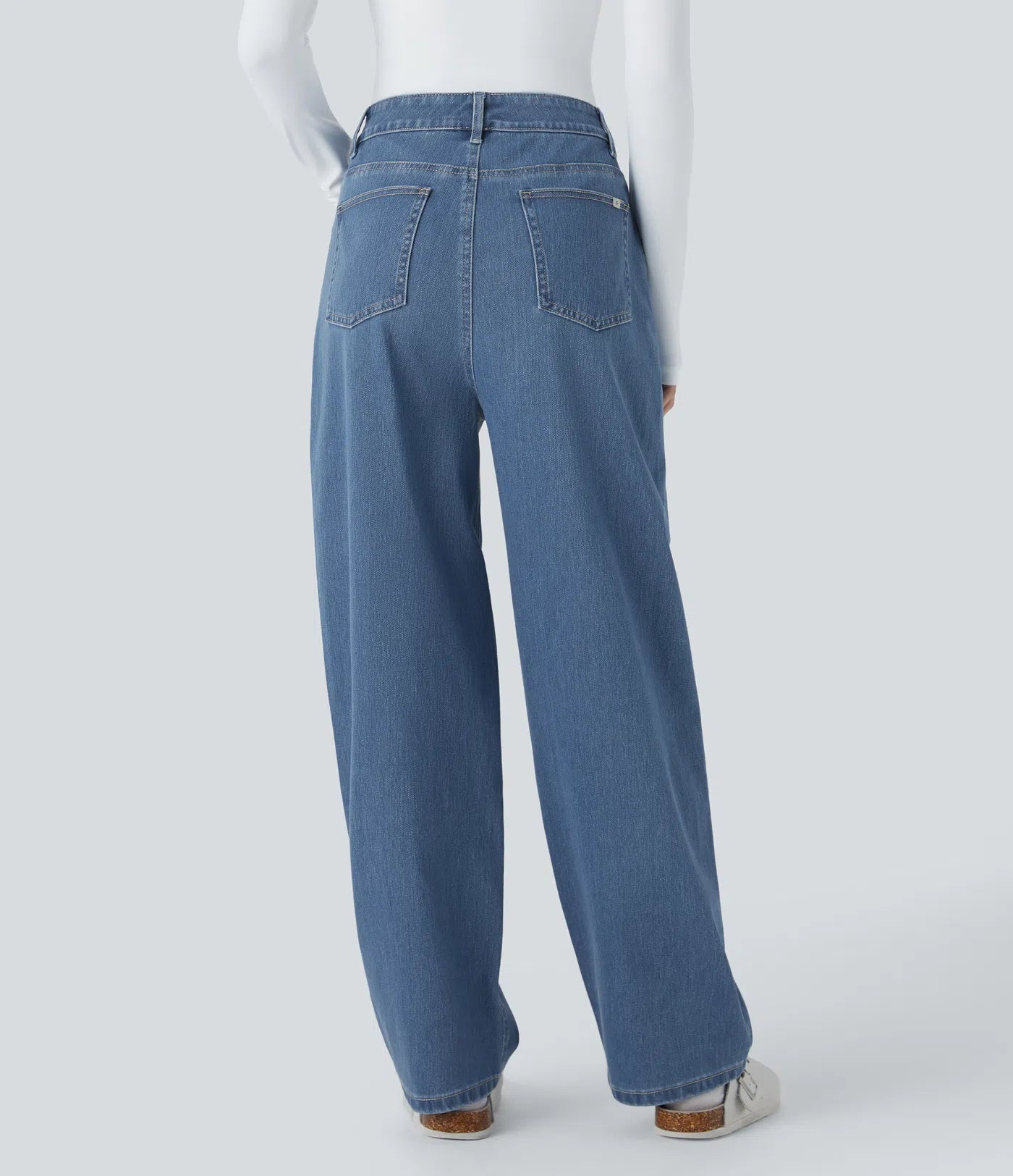 High Waisted Multiple Pockets Washed Stretchy Knit Casual Baggy Jeans