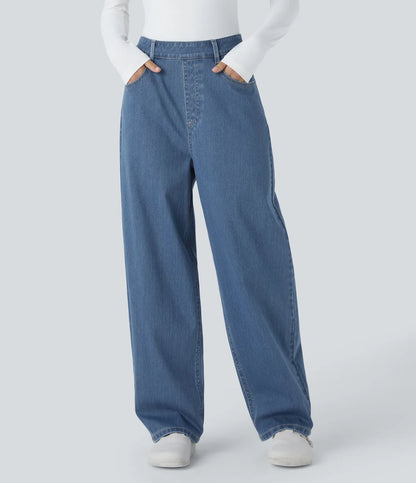 High Waisted Multiple Pockets Washed Stretchy Knit Casual Baggy Jeans