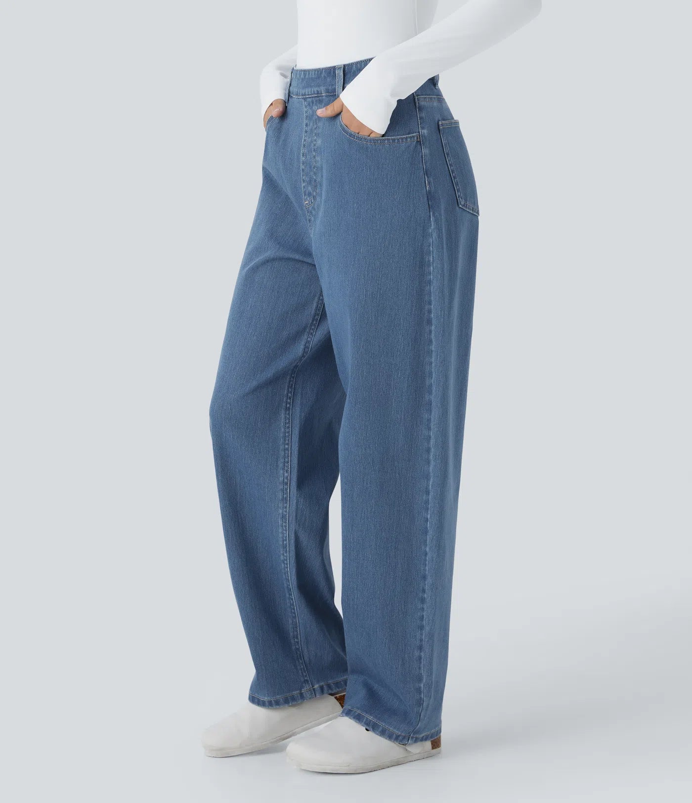 High Waisted Multiple Pockets Washed Stretchy Knit Casual Baggy Jeans