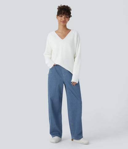 High Waisted Multiple Pockets Washed Stretchy Knit Casual Baggy Jeans