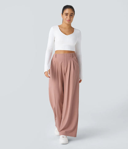 High Waisted Side Pocket Wide Leg Waffle Work Pants