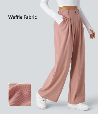 High Waisted Side Pocket Wide Leg Waffle Work Pants