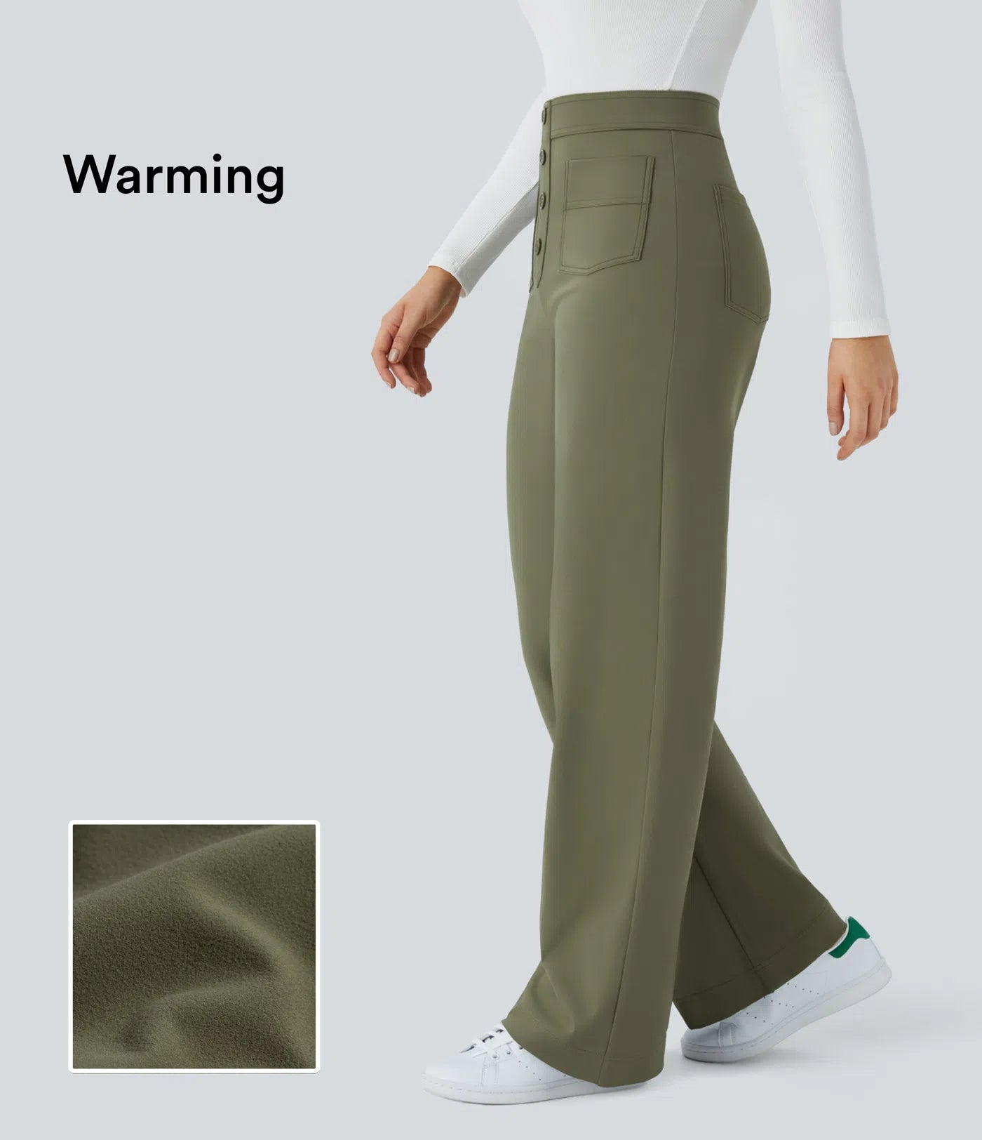 Plush Thermal High Waisted Button Multiple Pockets Straight Leg Casual Pants