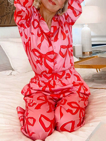 Bow Print Lapel Home Pajamas Set - Zyrastyles