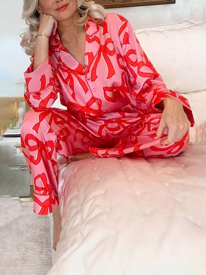 Bow Print Lapel Home Pajamas Set - Zyrastyles