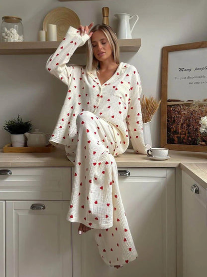 Cute Heart Print Button Down Shirt Pajama Sets - Zyrastyles