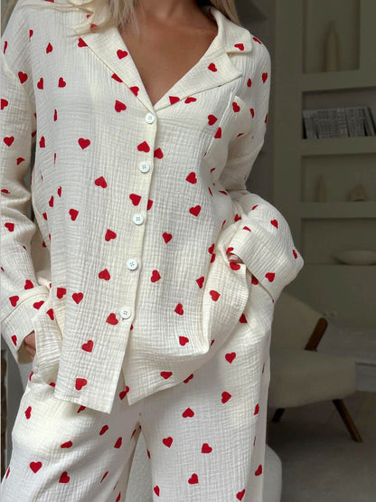 Cute Heart Print Button Down Shirt Pajama Sets - Zyrastyles