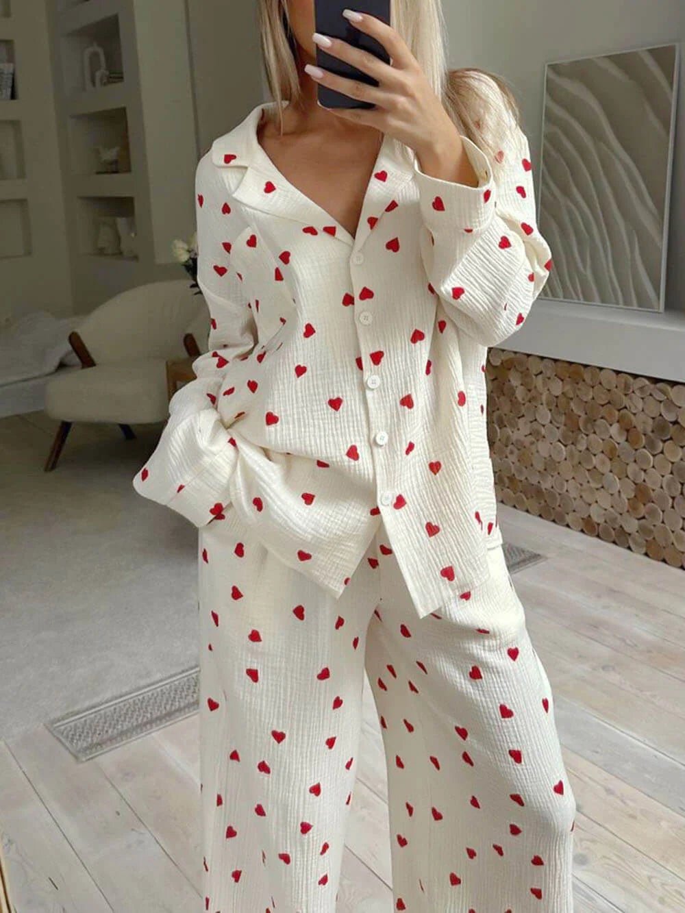 Cute Heart Print Button Down Shirt Pajama Sets - Zyrastyles