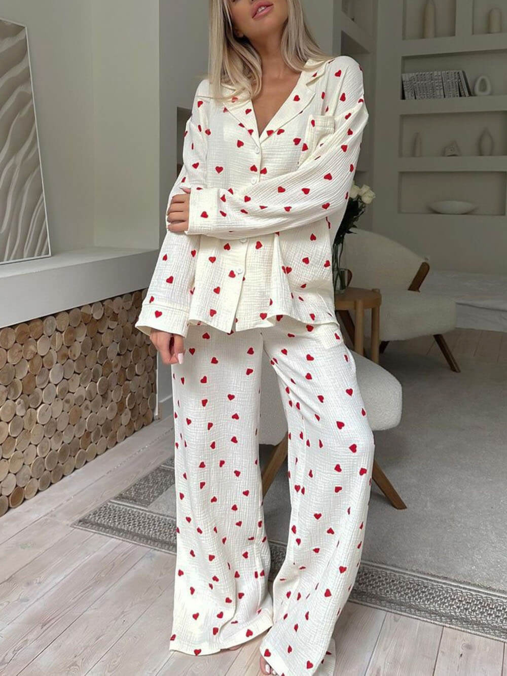 Cute Heart Print Button Down Shirt Pajama Sets - Zyrastyles