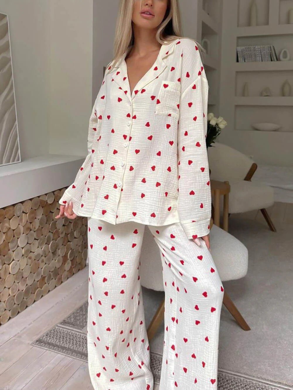 Cute Heart Print Button Down Shirt Pajama Sets - Zyrastyles