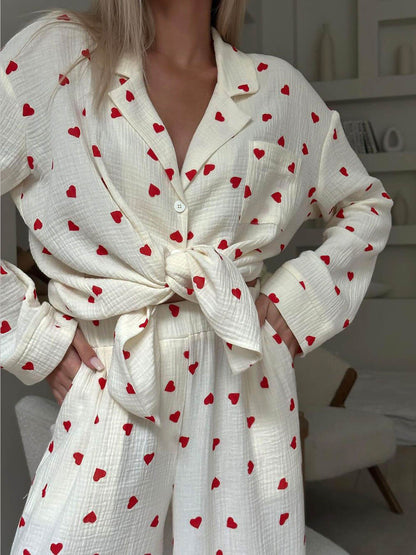 Cute Heart Print Button Down Shirt Pajama Sets - Zyrastyles