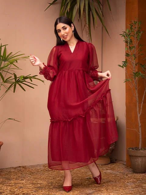 Maroon Ruby Plain Chiffon Frock - Zyrastyles