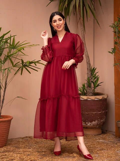 Maroon Ruby Plain Chiffon Frock - Zyrastyles