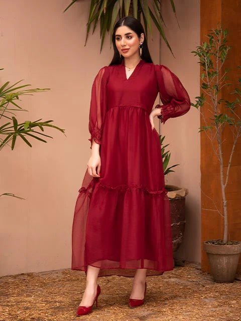 Maroon Ruby Plain Chiffon Frock - Zyrastyles