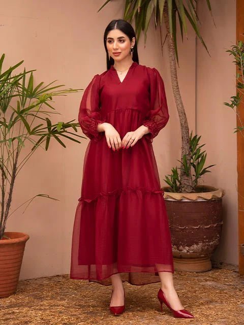 Maroon Ruby Plain Chiffon Frock - Zyrastyles