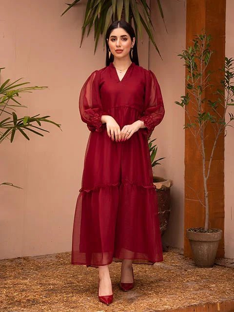 Maroon Ruby Plain Chiffon Frock - Zyrastyles