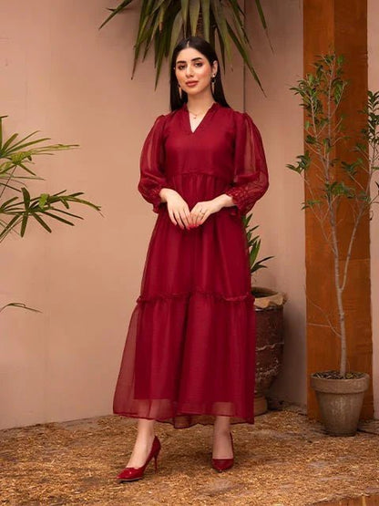 Maroon Ruby Plain Chiffon Frock - Zyrastyles