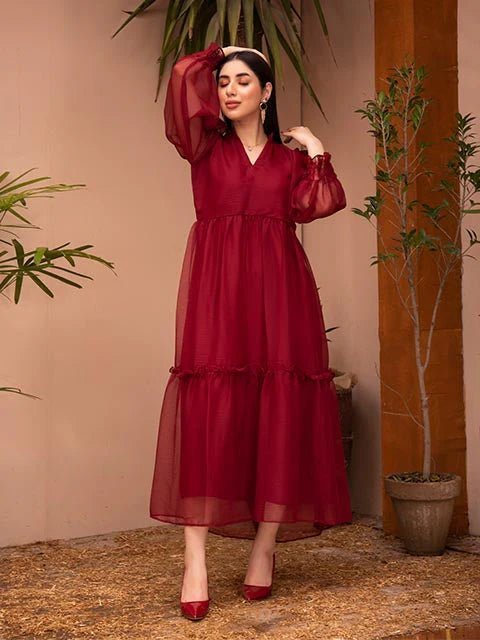 Maroon Ruby Plain Chiffon Frock - Zyrastyles