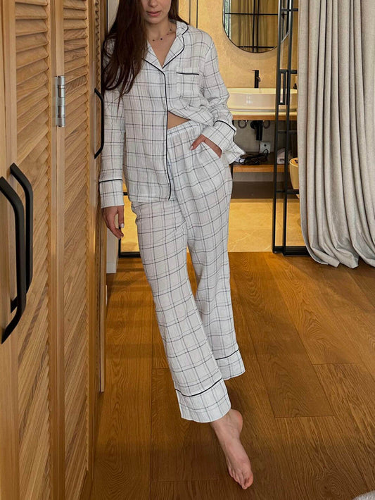 Plaid Loose Patchwork Pajama Set - Zyrastyles