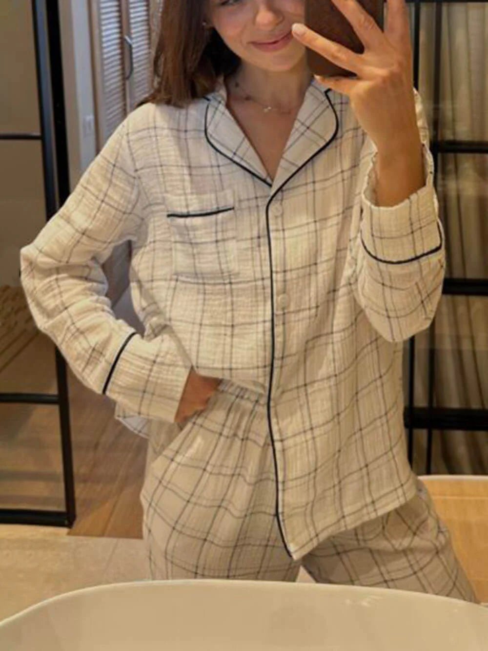 Plaid Loose Patchwork Pajama Set - Zyrastyles